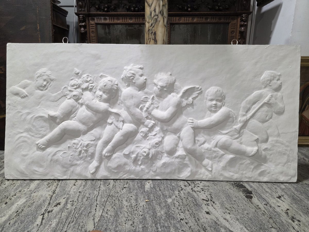  Paire de grands bas-reliefs en plâtre représentant une allégorie de putti – Fin du XIXe / débu-photo-3