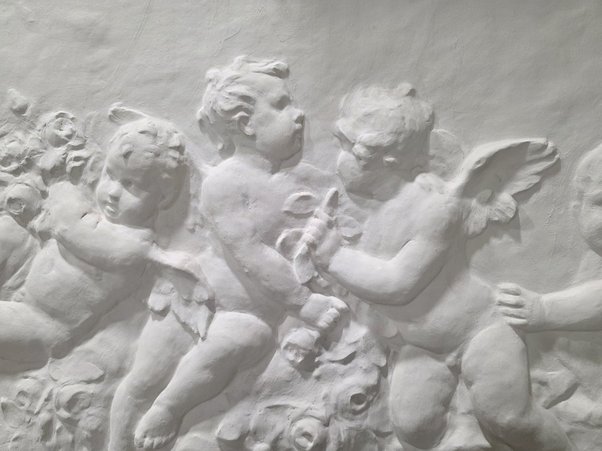  Paire de grands bas-reliefs en plâtre représentant une allégorie de putti – Fin du XIXe / débu-photo-5