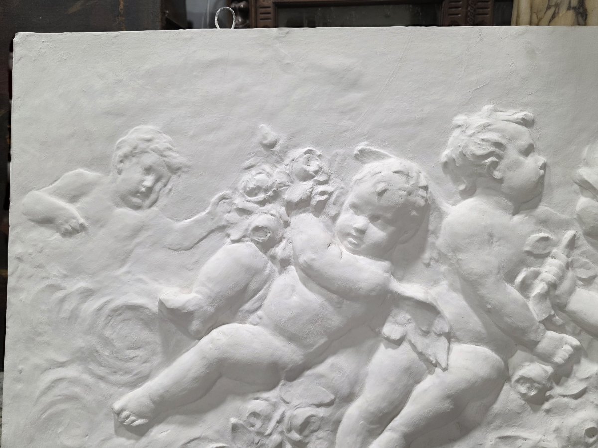  Paire de grands bas-reliefs en plâtre représentant une allégorie de putti – Fin du XIXe / débu-photo-7