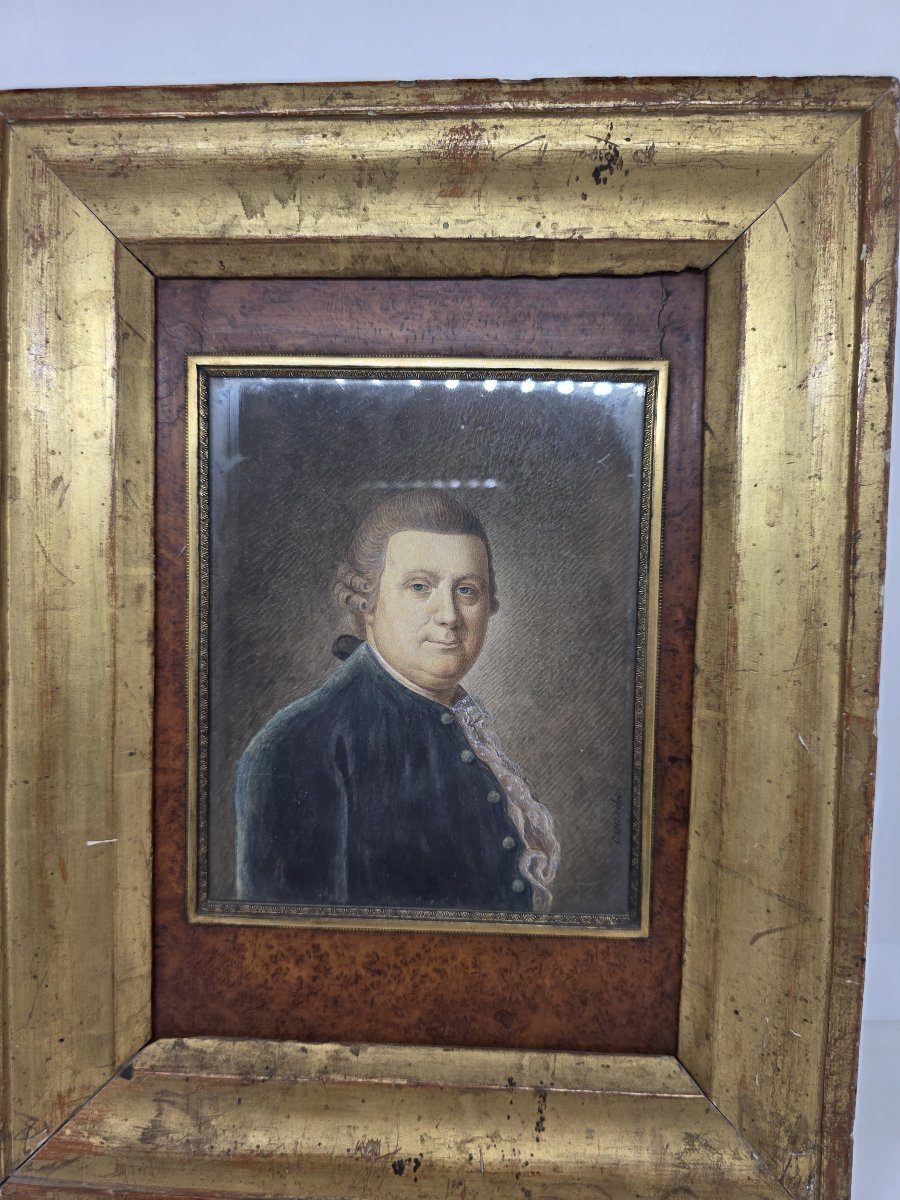 Portrait de gentilhomme au pastel, XVIIIe siècle – Cadre en loupe et bois doré-photo-4