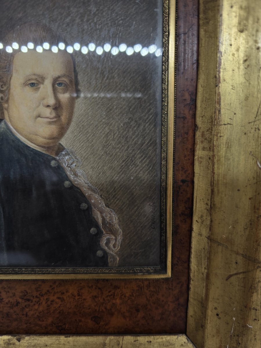 Portrait de gentilhomme au pastel, XVIIIe siècle – Cadre en loupe et bois doré-photo-5
