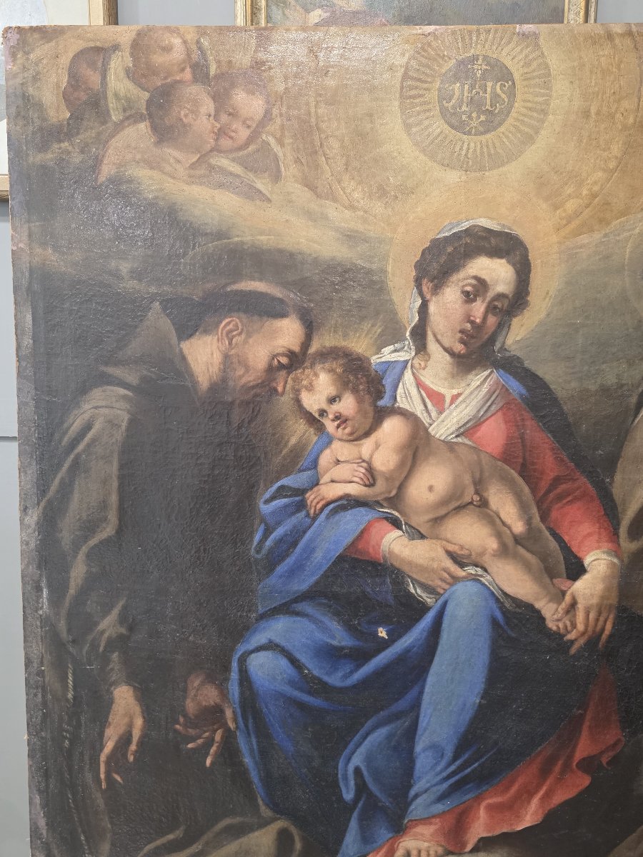 17th-century Oil-on-canvas Altarpiece – Madonna And Child With Franciscan Saints And Donors-photo-2