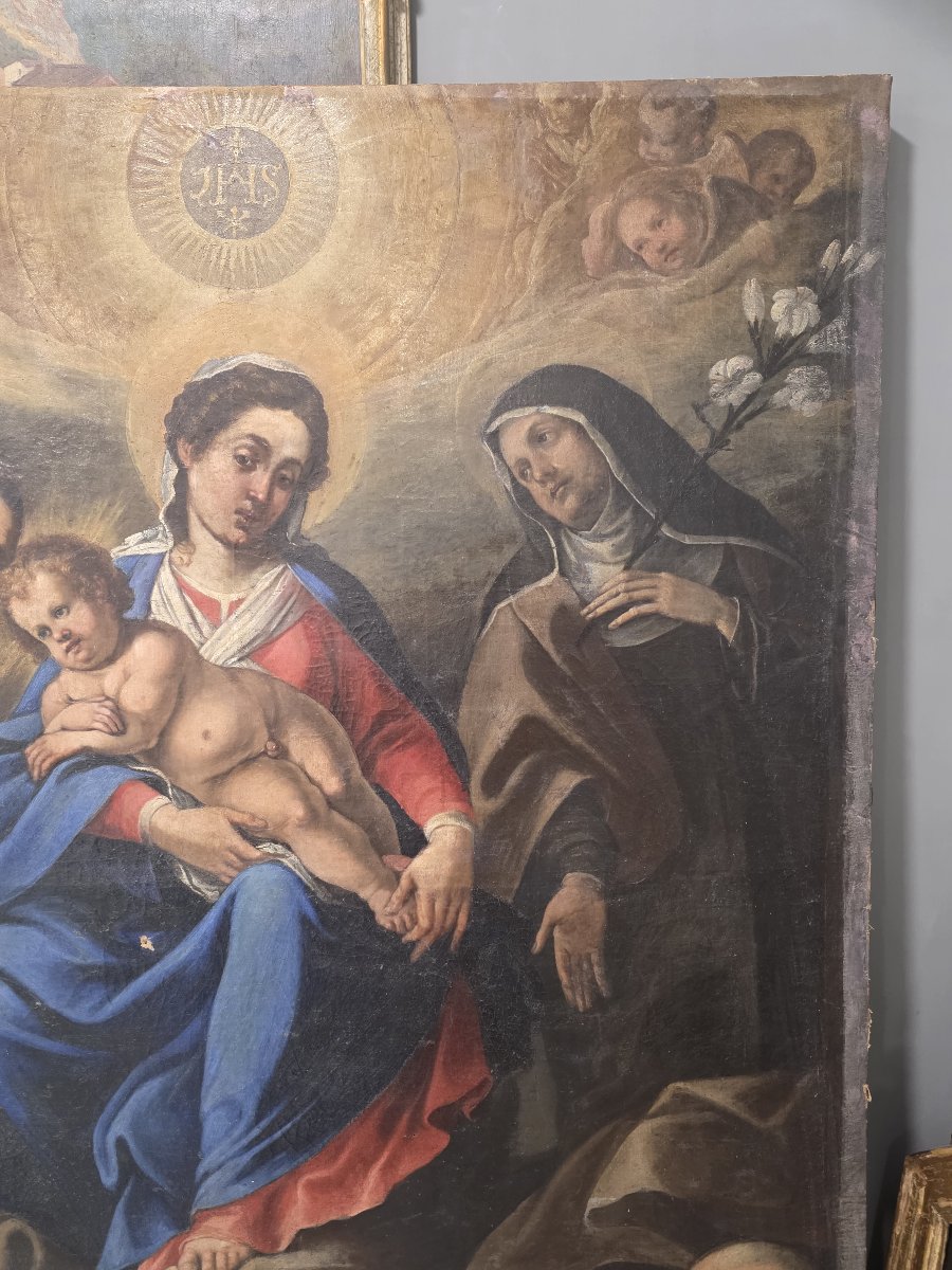 17th-century Oil-on-canvas Altarpiece – Madonna And Child With Franciscan Saints And Donors-photo-3