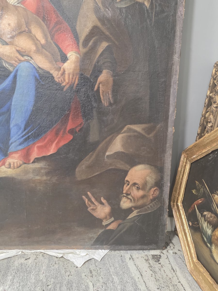 17th-century Oil-on-canvas Altarpiece – Madonna And Child With Franciscan Saints And Donors-photo-4
