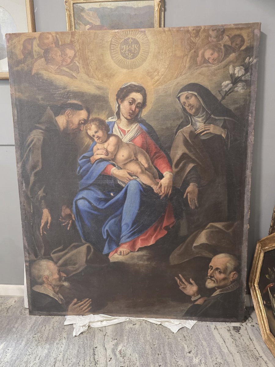 17th-century Oil-on-canvas Altarpiece – Madonna And Child With Franciscan Saints And Donors