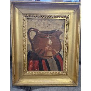 Oil Painting On Wood Depicting A Jug. Early Twentieth Century With Nineteenth Century Frame.