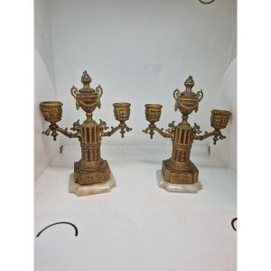 Pair Of Small Bronze Candlesticks With Alabaster Base. France Napoleon III