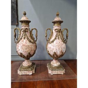 Pair Of Napoleon III Vases In Gilded Bronze And Marble Second Half Of The 19th Century