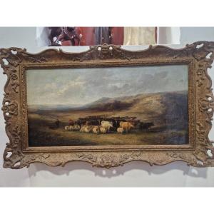 Painting On Canvas Landscape With Herds. England 19th Century 