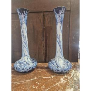  Stunning Pair Of Art Nouveau W. Moorcroft Florian Ware Vases