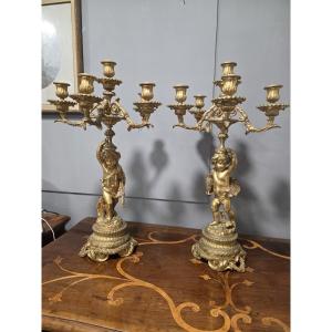 Pair Of Gilt Bronze Candelabra With Two Cherubs, France, Mid-19th Century