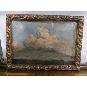 Oil Painting On Cardboard With A View Of Vesuvius Attributed To Consalvo Carelli