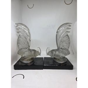 Pair Of Crystal Roosters By R. Lalique, Late 1920s