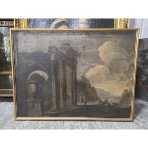 Italian School, 18th Century, Capriccio Of Architectural Ruins With Figures 