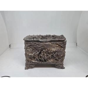 A 19th-century Silver-plated Bronze Jewelry Box, Decorated With Hunting Scenes And More.