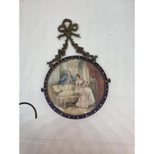 Framed Circular Miniature Depicting A Romantic Scene. France, Napoleon III Period