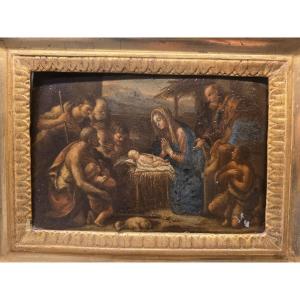 Huile sur panneau « L'Adoration des bergers », Italie, XVIIe siècle