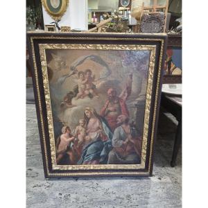 Oil On Canvas "holy Family With The Infant Saint John And Saints" Naples, 18th Century