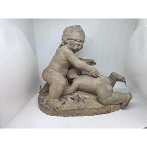 Sculpture en terre cuite « Colin-maillard » par Francesco Camillotti, datée de 1874