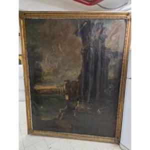 vGrand *capriccio* aux ruines antiques et vue côtière – Italie, XIXe siècle