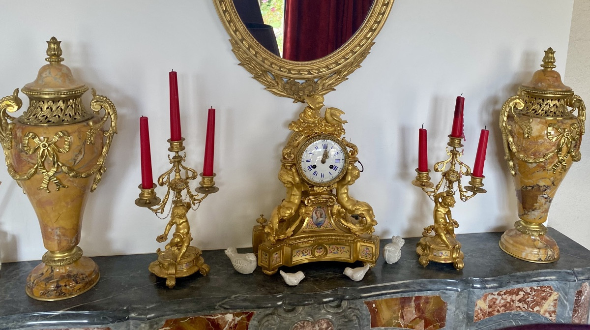 Grande Paire de Cassolettes Napoleon III en marbre jaune et bronze doré -photo-3