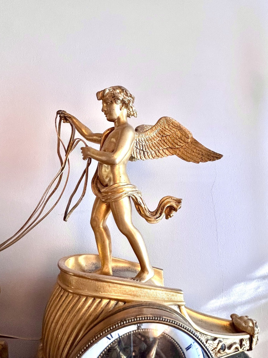 Clock Cupid On His Chariot XIX Century Gilt Bronze-photo-4
