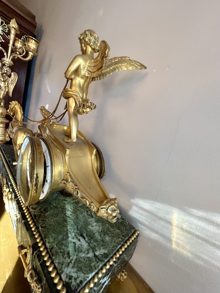 Clock Cupid On His Chariot XIX Century Gilt Bronze-photo-4