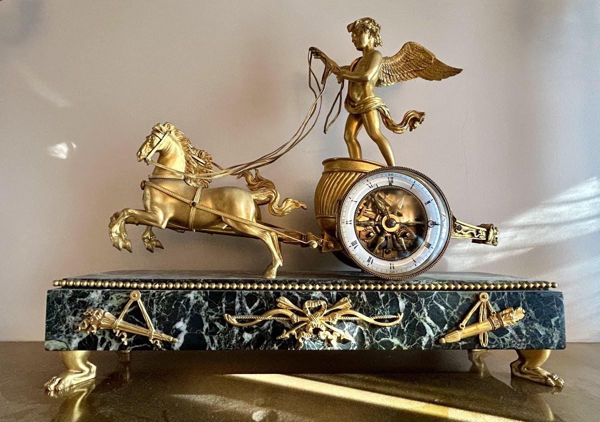 Clock Cupid On His Chariot XIX Century Gilt Bronze