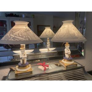 Pair Of Sèvres Porcelain Candlesticks With Lithophane Lampshades