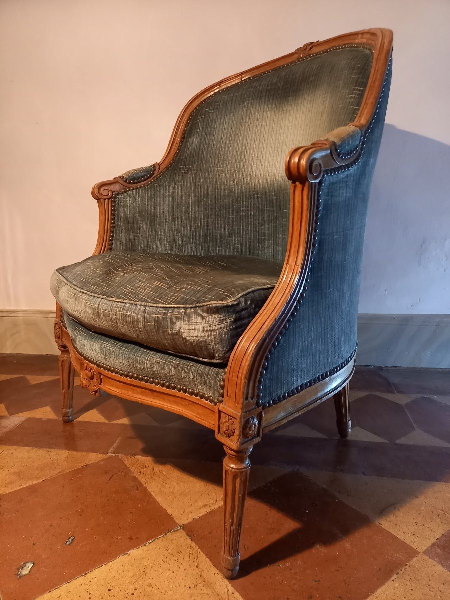 Gondola-shaped Bergère Chair From The Louis XV-louis XVI Transition Period, Stamped L.-h. Delion-photo-2
