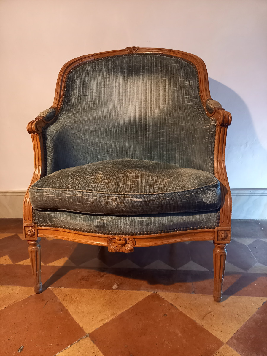 Gondola-shaped Bergère Chair From The Louis XV-louis XVI Transition Period, Stamped L.-h. Delion