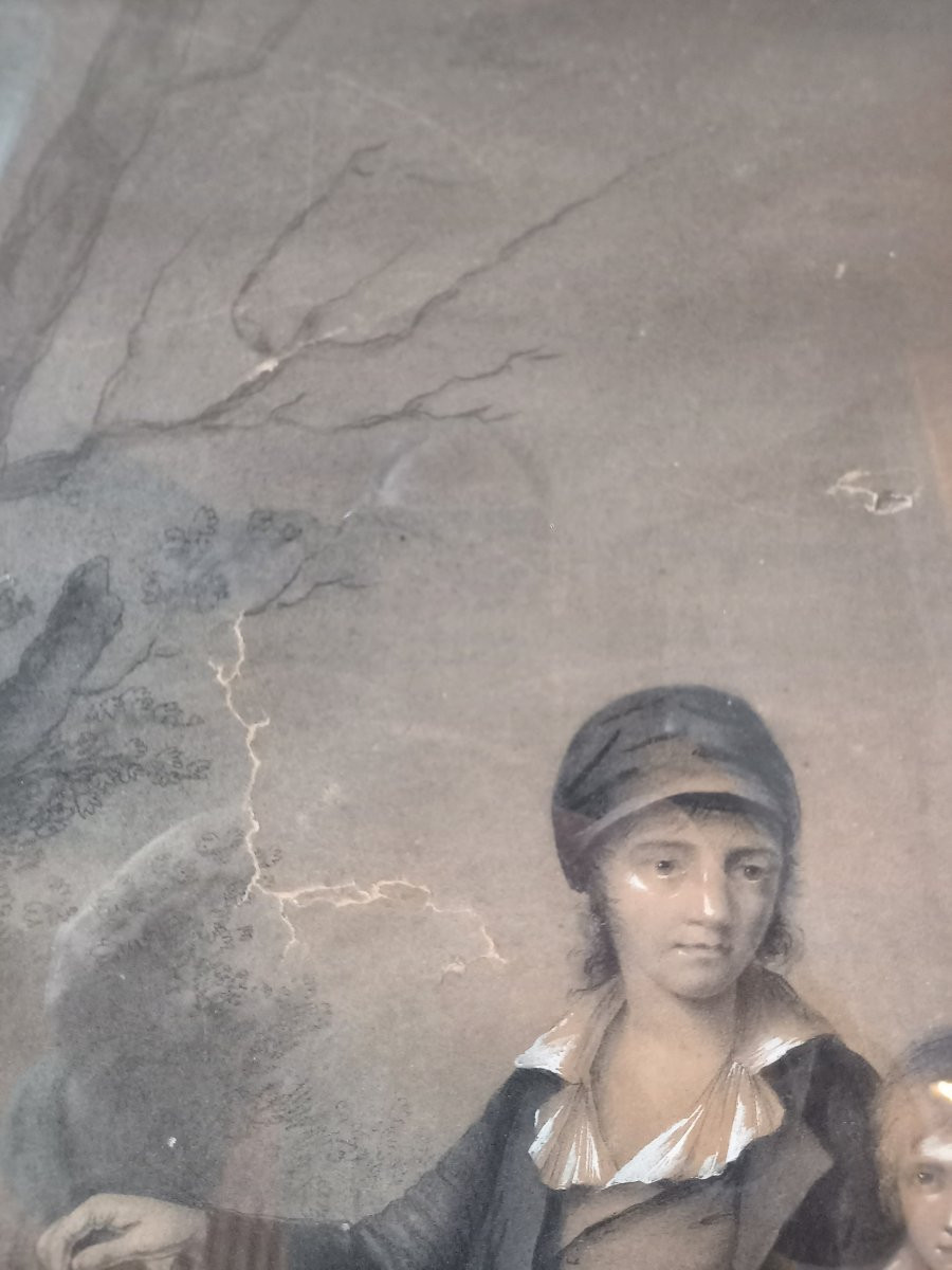 Grand fusain du XVIIIe siècle montrant deux jeunes garçons à leur jeu.-photo-3