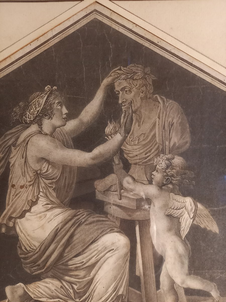 Gravure du XVIIIe siècle sur vélin représentant Le Génie de la Sculpture ou Voltaire couronné-photo-3