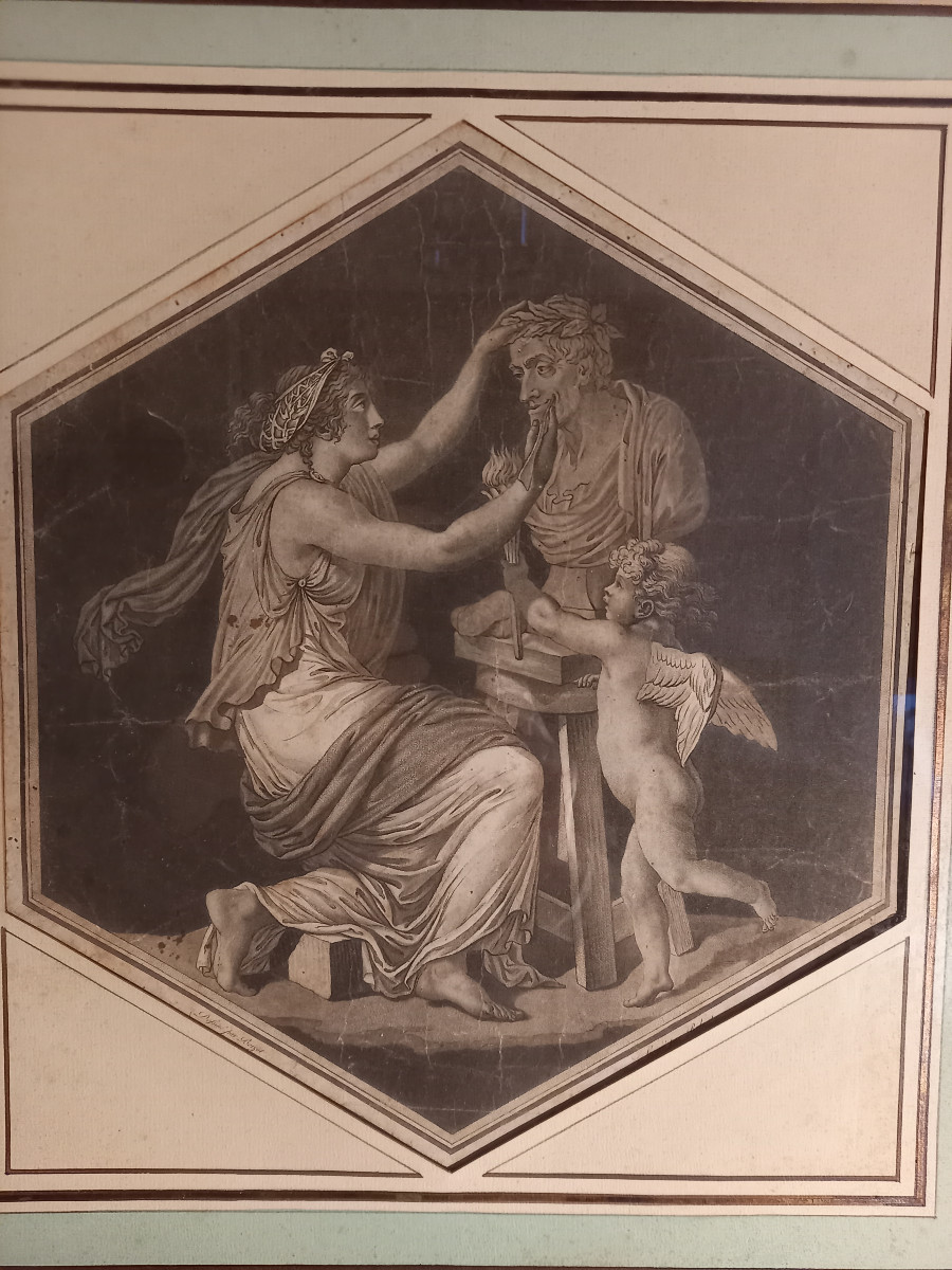 Gravure du XVIIIe siècle sur vélin représentant Le Génie de la Sculpture ou Voltaire couronné