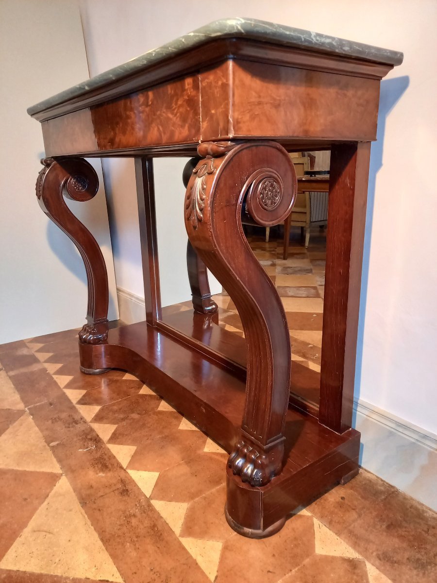 Estampillée Kolping, belle console en acajou ouvrant par un tiroir en ceinture -photo-3