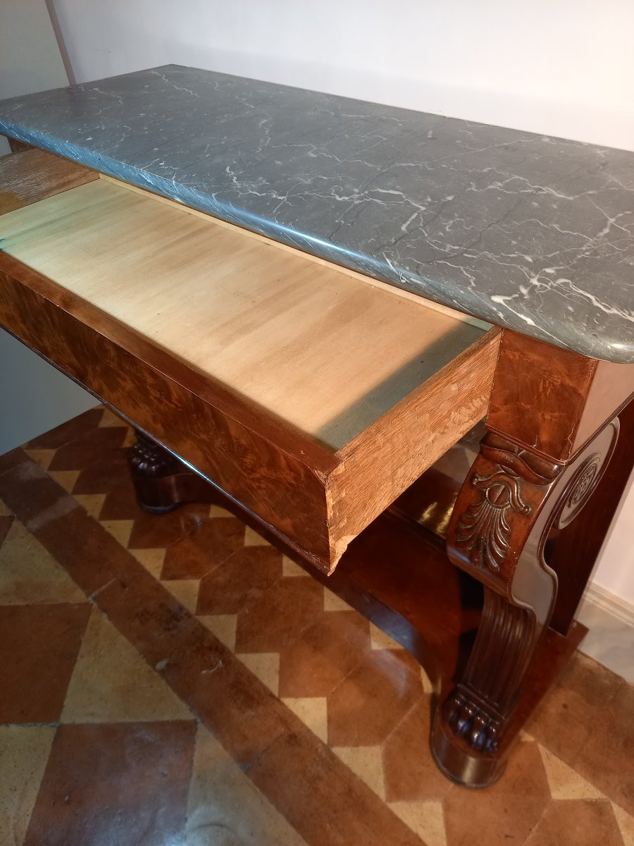 Estampillée Kolping, belle console en acajou ouvrant par un tiroir en ceinture -photo-5