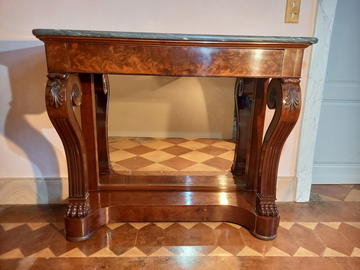 Estampillée Kolping, belle console en acajou ouvrant par un tiroir en ceinture 