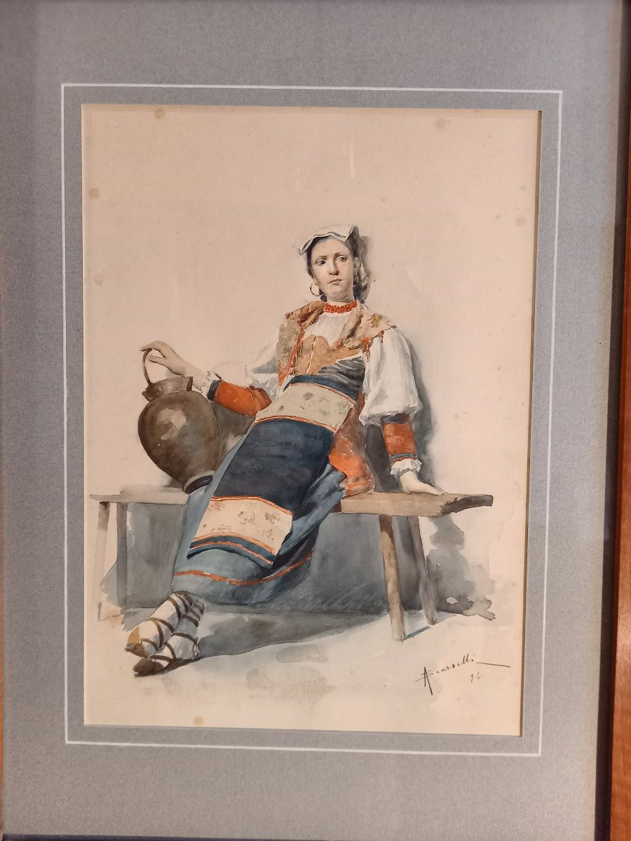 Très belle aquarelle représentant une contadine ou paysanne italienne en costume traditionnel-photo-2