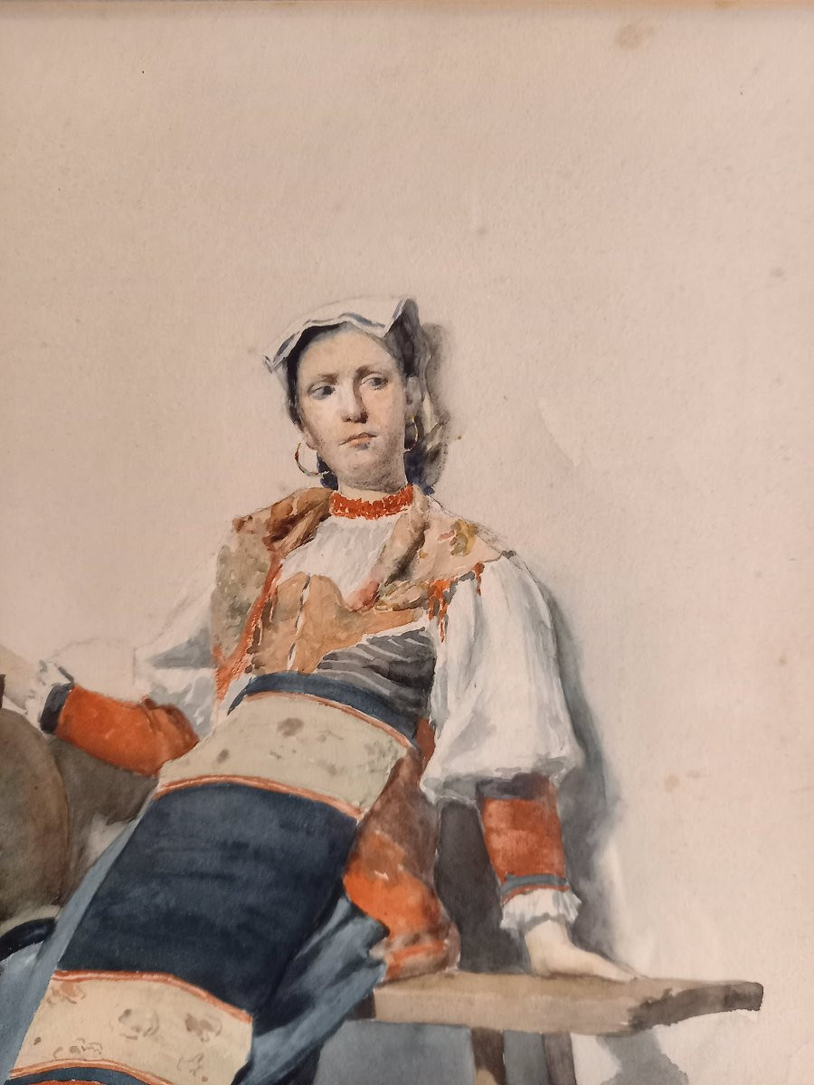 Très belle aquarelle représentant une contadine ou paysanne italienne en costume traditionnel-photo-3