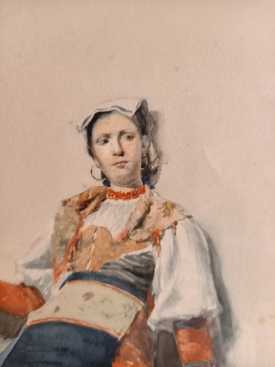 Très belle aquarelle représentant une contadine ou paysanne italienne en costume traditionnel-photo-4