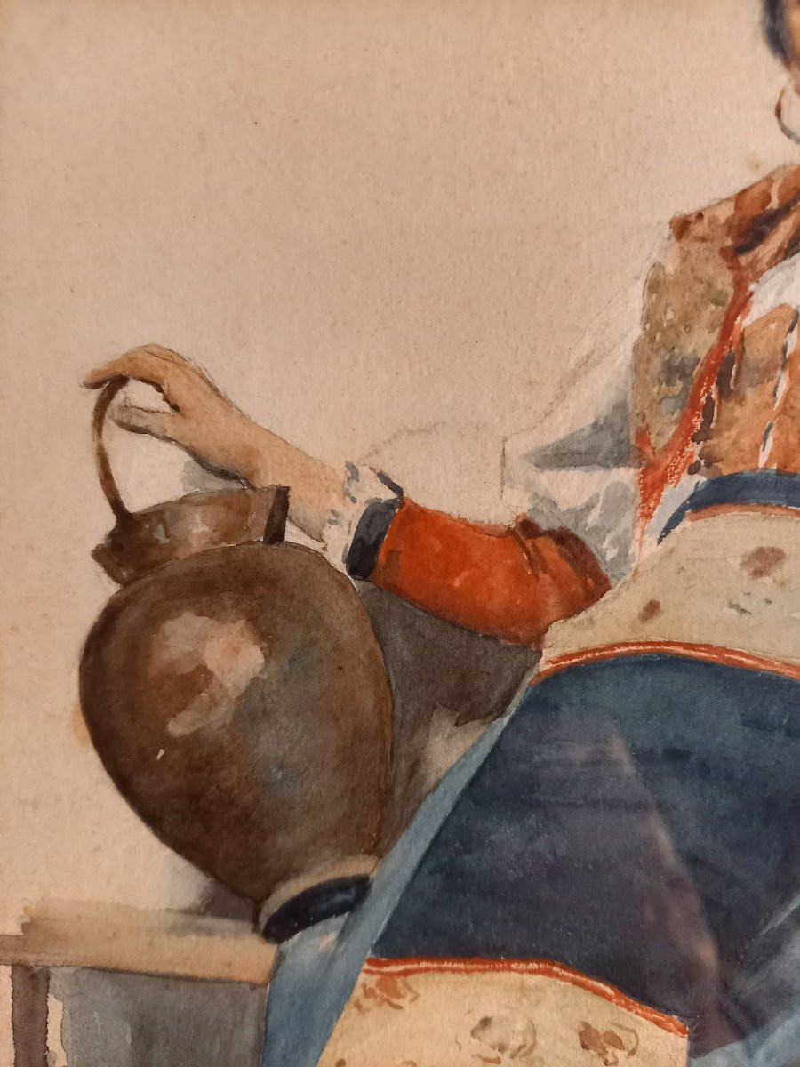 Très belle aquarelle représentant une contadine ou paysanne italienne en costume traditionnel-photo-1
