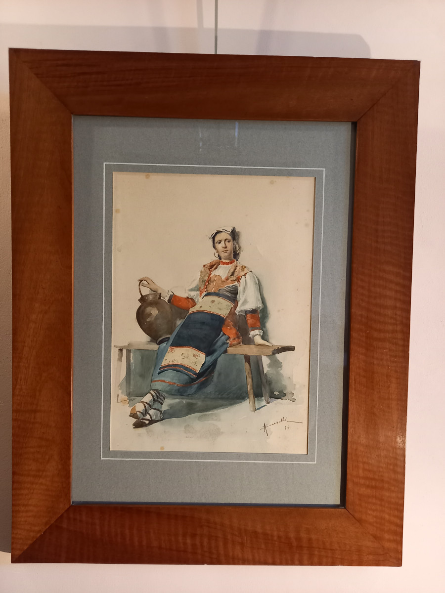 Très belle aquarelle représentant une contadine ou paysanne italienne en costume traditionnel