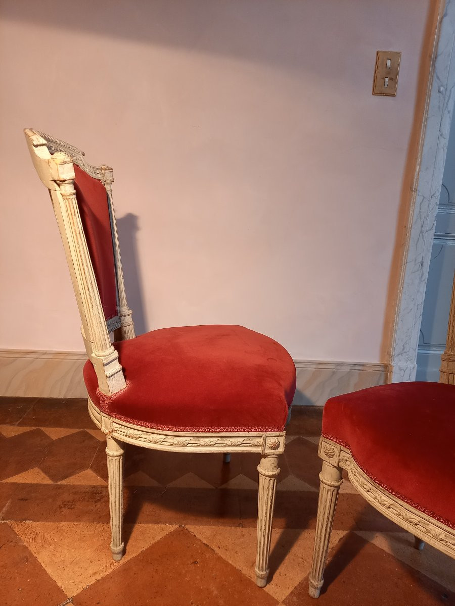  Jolie paire de chaises en cabriolet d’époque Louis XVI en bois peint en gris-photo-3