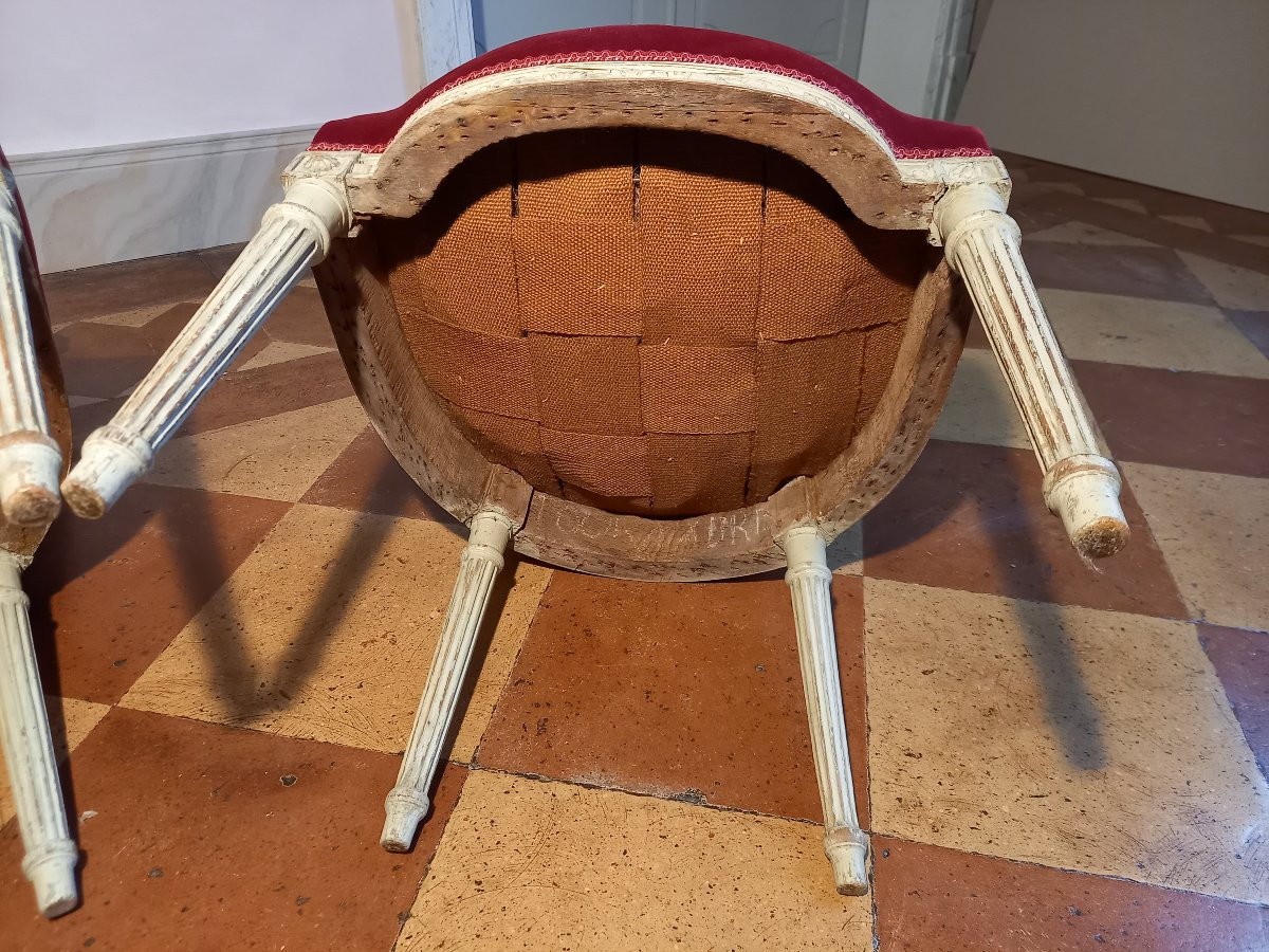 Jolie paire de chaises en cabriolet d’époque Louis XVI en bois peint en gris-photo-8