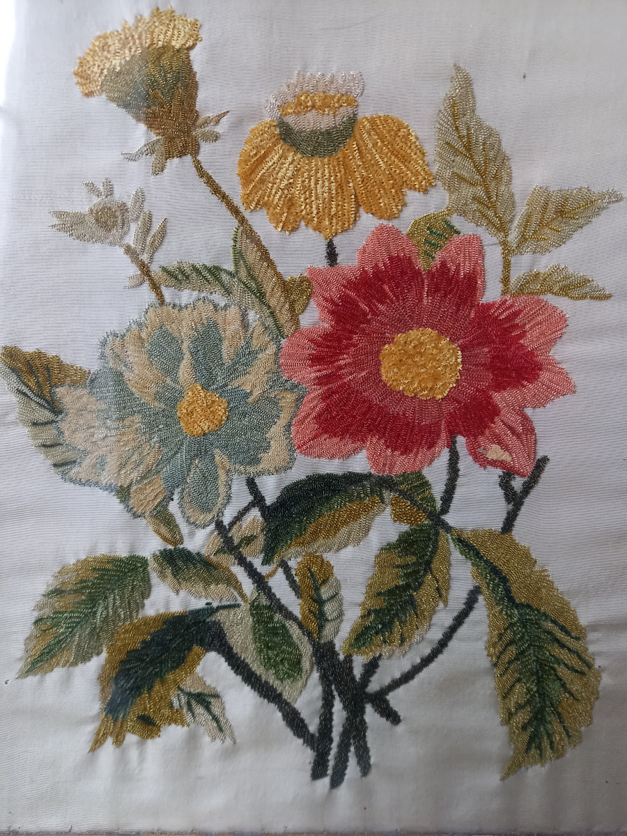Needle Painting In Chenille Silk Threads Depicting A Scattering Of Flowers-photo-2