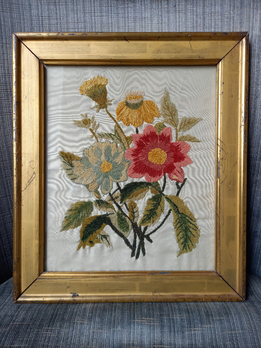 Needle Painting In Chenille Silk Threads Depicting A Scattering Of Flowers