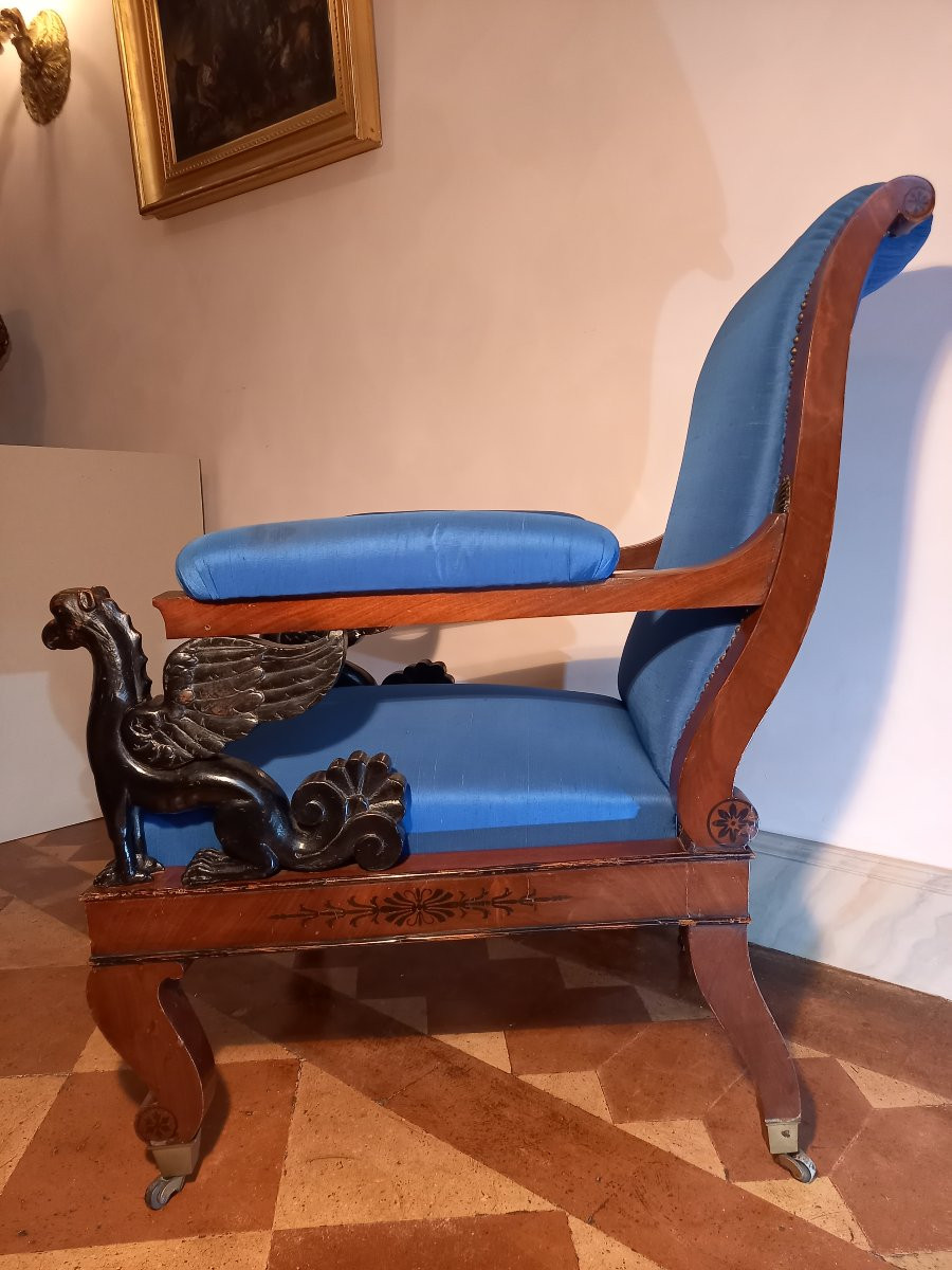 Spectacular Armchair In Mahogany And Blackened Wood With Griffin-shaped Armrests-photo-3