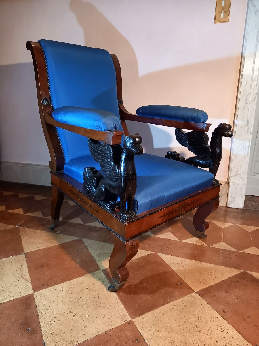 Spectacular Armchair In Mahogany And Blackened Wood With Griffin-shaped Armrests