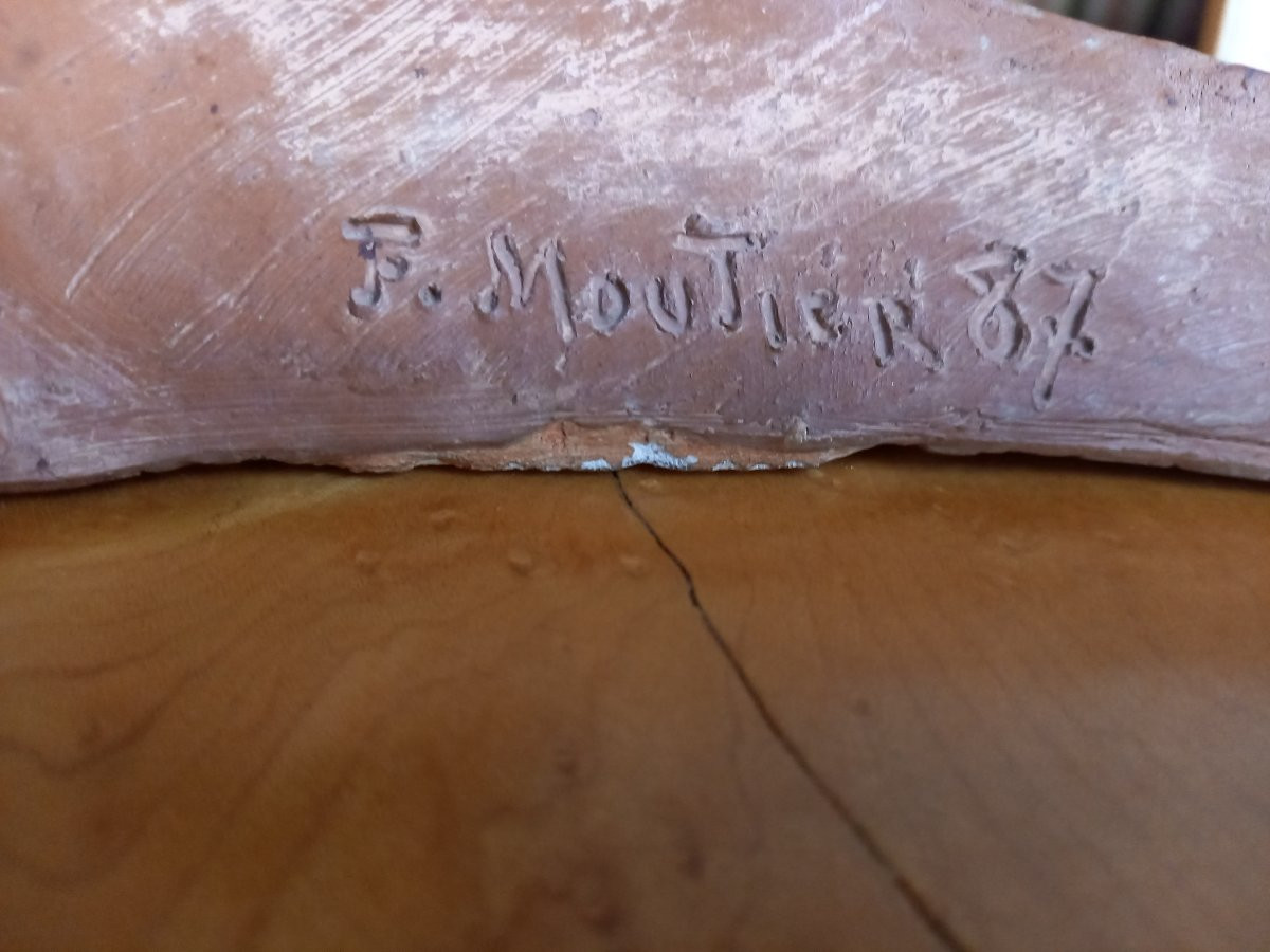 Ferdinand Moutier, paire de bas-reliefs en terre cuite signés et datés 1887, montrant un couple-photo-3