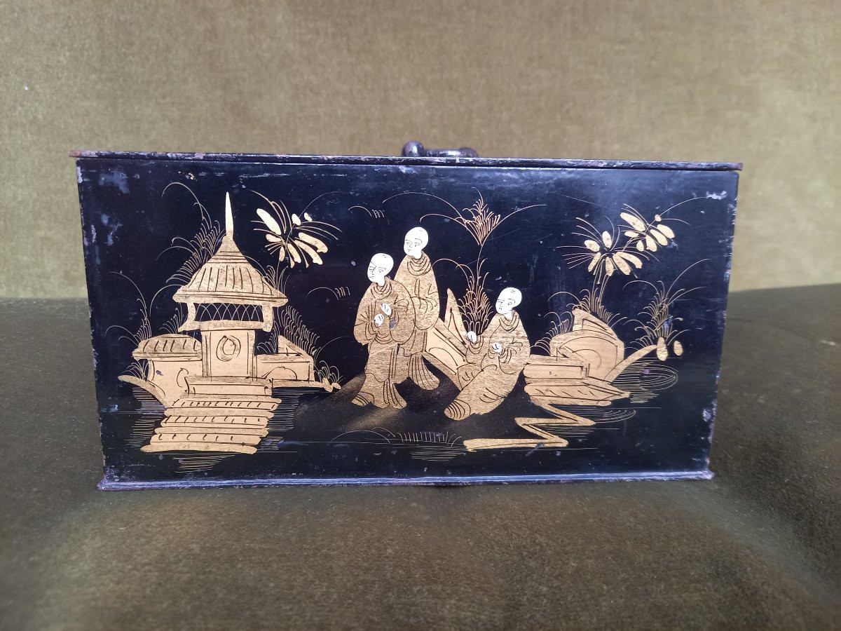 Serre-bijoux ou caisse forte en acier, à décor laqué chinoisant d'époque Napoléon III-photo-4